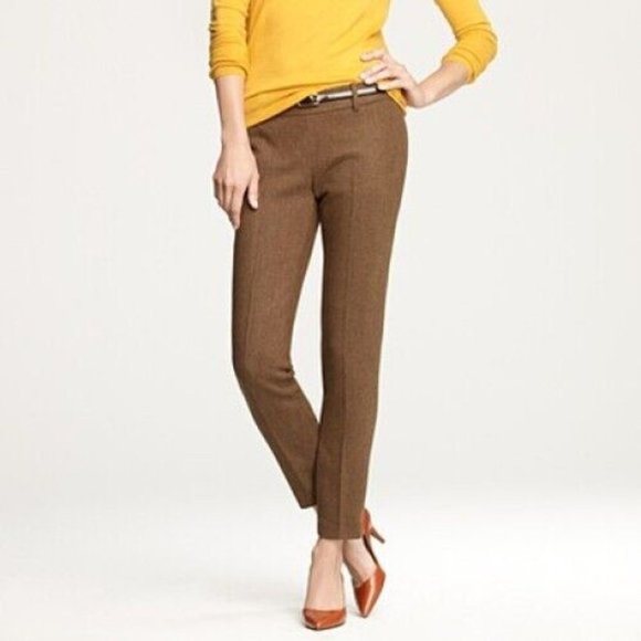 Women's J. Crew Minnie Brown Herringbone Wool Low Rise Slim Ankle Pants Size 00 - Picture 1 of 3